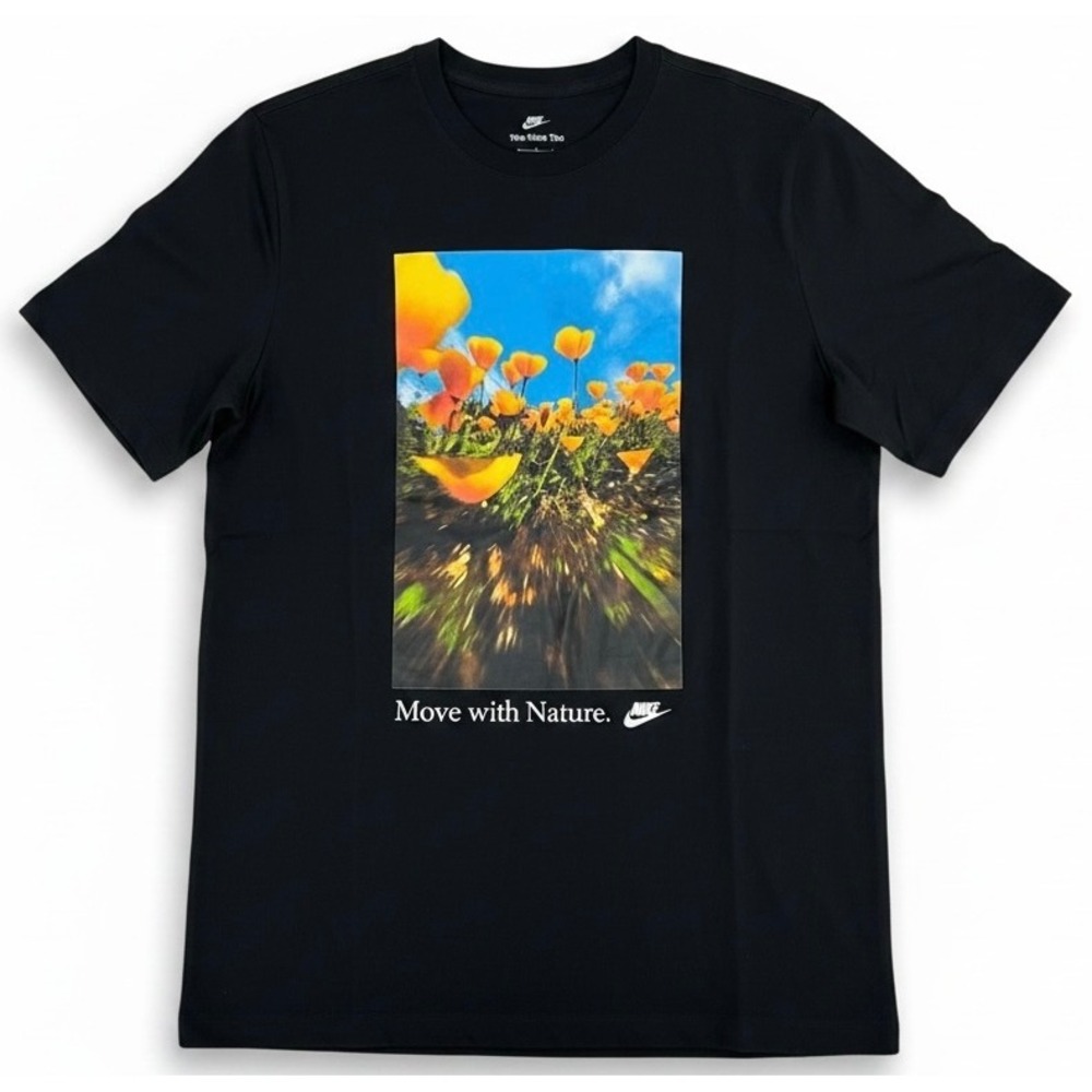 Nike Mens Move With Nature Graphic T-Shirt Black Orange Poppy Flower NWT